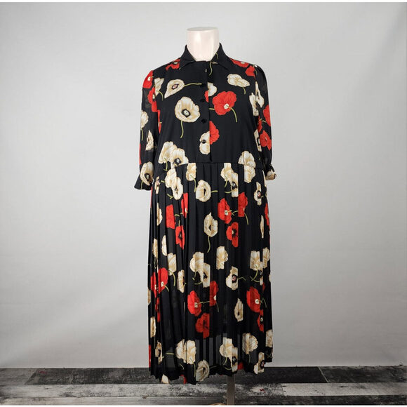 Vintage Dresses & Skirts - Black Floral Midi Dress with Red & Cream Poppies